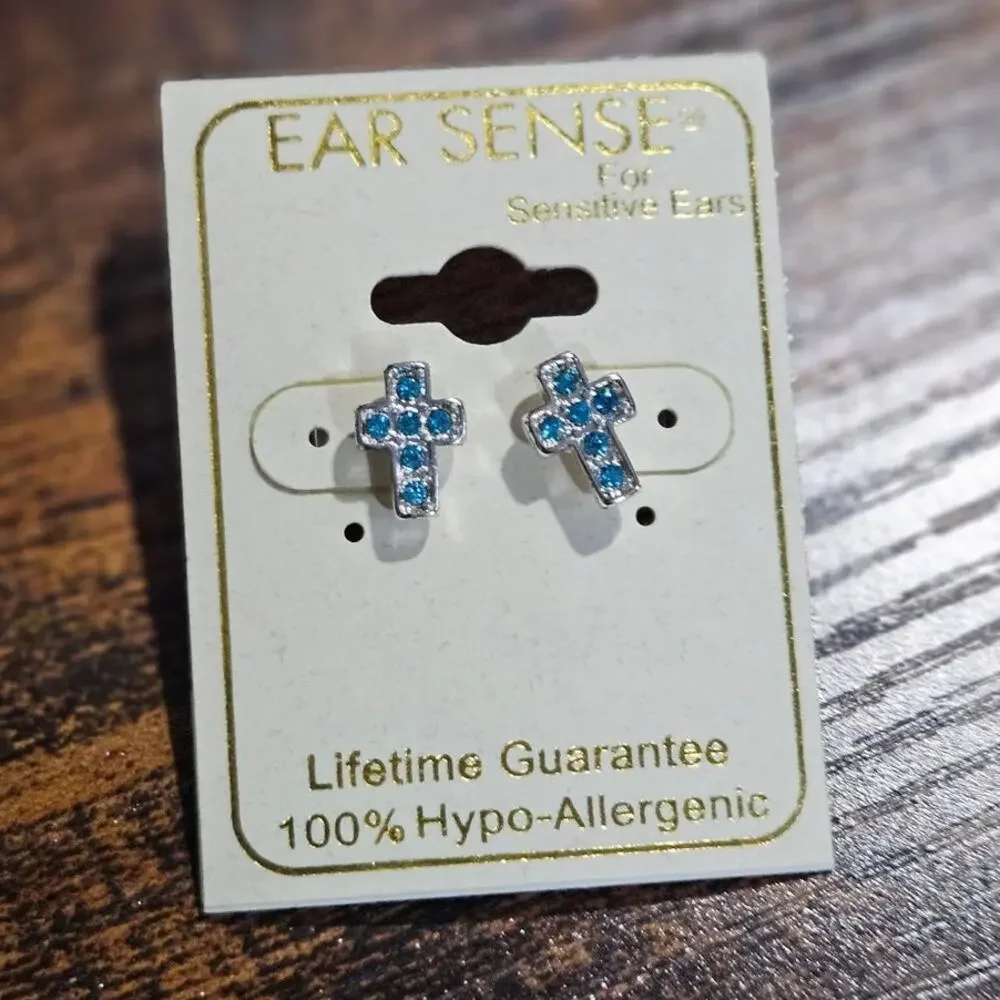 Ear Sense Sensitive Ears Blue Rhinestone Cross Stud Earrings NWT Deadstock